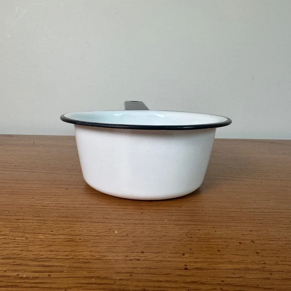 Vintage White Enamel Small‎ Saucepan Black Trim Farmhouse Decor